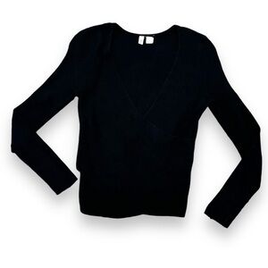 Moth Anthropologie Black Faux Wrap Ribbed Knit Sweater - Size Small